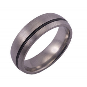 7MM DOMED TITANIUM RING WITH A 1MM OFF-CENTER GROOVE WITH BLACK ANTIQUING IN A SATIN FINISH