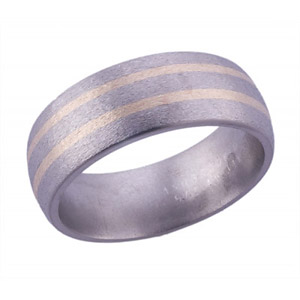 7MM DOMED TITANIUM BAND WITH (2)1MM 14K YELLOW GOLD INLAYS IN A STONE FINISH