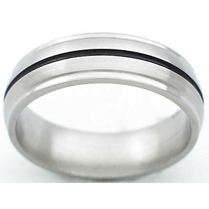 7MM DOMED TITANIUM BAND WITH GROOVED EDGES AND (1) 1MM ANTIQUED GROOVE. THE CENTER IS SATIN AND THE EDGES ARE POLISHED.