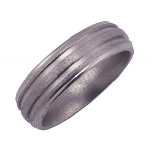 7MM DOMED TITANIUM BAND WITH A GROOVED EDGE AND (2)1MM GROOVES IN A STONE FINISH