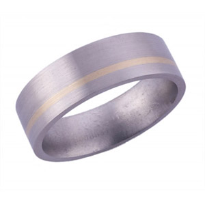 7MM FLAT TITANIUM BAND WITH (1)1MM OFF CENTER 14K YELLOW GOLD INLAY IN A SATIN FINISH