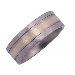 7MM FLAT TITANIUM BAND WITH (1)2MM 14K YELLOW GOLD INLAY AND (2).5MM EMPTY GROOVES IN A STONE FINISH