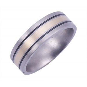 7MM FLAT TITANIUM BAND WITH(1)2MM 14K YELLOW GOLD INLAY STRADDLED BY 2 ANTIQUED GROOVES