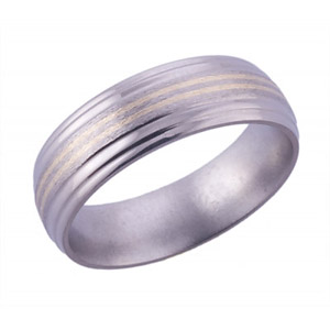 7MM FLAT TITANIUM BAND WITH DOUBLE GROOVED EDGES AND (2).5MM 14K YELLOW GOLD INLAY. THIS RING HAS A STONE CENTER AND POLISHED EDGES