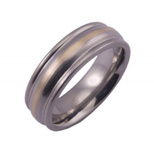 7MM DOMED TITANIUM BAND WITH ROUND EDGES AND (1)1MM 14K YELLOW GOLD INLAY IN A SATIN FINISH