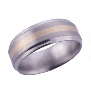 8MM BEVELED TITANIUM BAND WITH (1)2MM 14K YELLOW GOLD INAY IN A SATIN FINISH