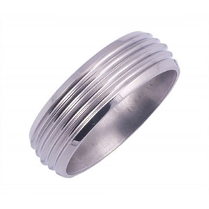 8MM WIDE TITANIUM BAND WITH 3 SMALL DOMES IN THE CENTER AND BEVELED EDGES. POLISH EDGES.