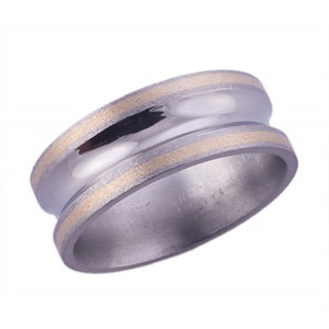 8MM CONCAVE TITANIUM BAND WITH(2)1MM 14K YELLOW GOLD INLAY WITH A POLISHED CENTER AND STONE EDGES