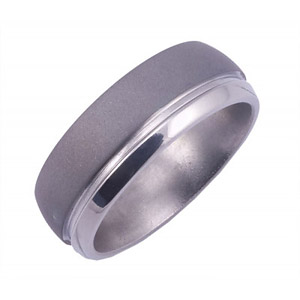 8MM WIDE DOMED TITANIUM BAND WITH A 1MM OFF-CENTER EMPTY GROOVE. SANDBLAST FINISH ON THE WIDER PORTION, POLISH ON THE THINNER PORTION.