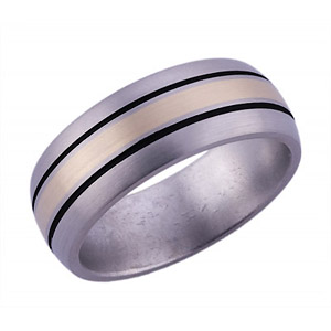8MM DOMED TITANIUM BAND WITH (1)2MM 14K YELLOW GOLD INLAY STRADDLED BY 2 ANTIQUED GROVES IN A SATIN FINISH