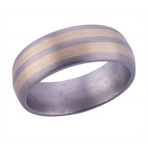 8MM DOMED TITANIUM BAND WITH(2)2MM 14K YELLOW GOLD INLAYS IN A SATIN FINISH