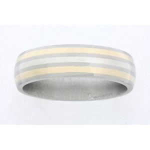 8MM DOMED TITANIUM BAND WITH (1)1MM STERLING SILVER INLAY AND (2)1MM INLAYS OF 14K YELLOW GOLD IN A SATIN FINISH.