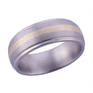 8MM DOMED TITANIUM BAND WITH GROOVED EDGES AND (1)2MM 14K YELLOW GOLD INLAY IN A STONE FINISH