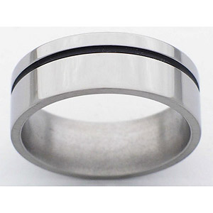 8MM FLAT TITANIUM BAND WITH(1)1MM OFF CENTER ANTIQUED GROOVE IN A POLISH FINISH.