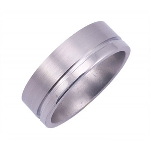 8MM WIDE FLAT TITANIUM BAND WITH A 1MM WIDE OFF-CENTER EMPTY GROOVE. SATIN FINISH ON THE WIDE PORTION, POLISH ON THE THINNER PORTION.