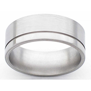 8MM FLAT TITANIUM BAND WITH(1).5MM OFF CENTER GROOVE. THE LARGE EDGE IS IN SATIN THE SMALLER IS POLISHED.