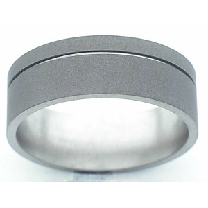 8MM FLAT TITANIUM BAND WITH (1).5MM OFF CENTER GROOVE IN A SANDBLAST FINISH.