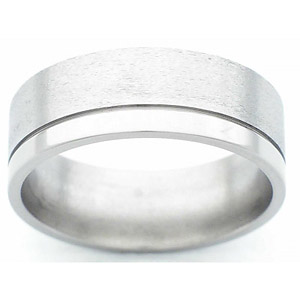 8MM FLAT TITANIUM BAND WITH(1).5MM OFF CENTER GROOVE. THE LARGER EDGE IS IN STONE, THE SMALLER IN POLISH.