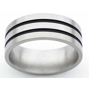 8MM FLAT TITANIUM BAND WITH(2)1MM ANTIQUED GROOVES IN A SATIN FINISH.