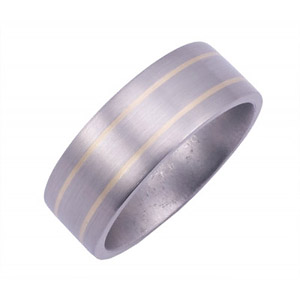 8MM WIDE FLAT TITANIUM BAND WITH 2 .5MM WIDE INLAYS OF 14K YELLOW GOLD. SATIN FINISH.