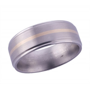 8MM FLAT TITANIUM BAND WITH GROOVED EDGES AND (1)1MM 14K YELLOW GOLD INLAY IN A SATIN FINISH