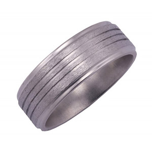 8MM FLAT TITANIUM BAND WITH GROOVED EDGES AND (3).5MM GROOVES WITH SATIN CENTER AND POLISHED EDGES.