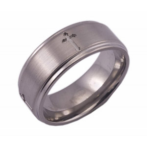 8MM FLAT TITANIUM RING WITH GROOVED EDGES AND FOUR CROSSES SPACED AROUND THE RING IN A SATIN FINISH