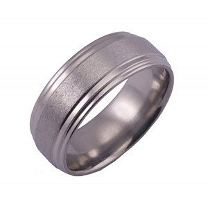 8MM FLAT TITANIUM RING WITH TWO STEP GROOVES ON EACH SIDE OF THE RING IN A STONE AND POLISH FINISH