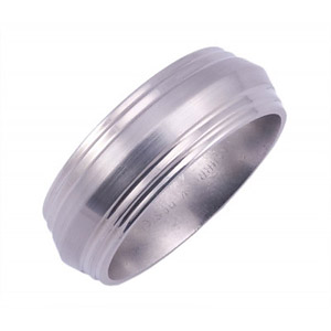 8MM WIDE TITANIUM BAND WITH A PEAKED CENTER AND A DOUBLE GROOVED EDGE. SATIN FINISH IN THE CENTER, POLISHED ON THE EDGES.