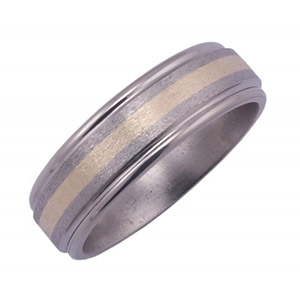 8MM FLAT TITANIUM BAND WITH GROOVED EDGES AND (1)2MM 14K YELLOW GOLD INLAY IN A STONE FINISH