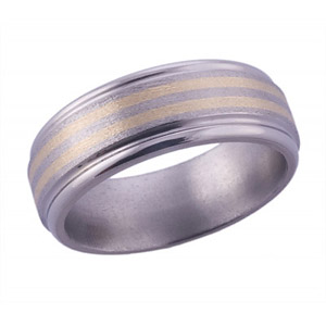 8MM FLAT TITANIUM BAND WITH ROUND EDGES AND (2)1MM 14K YELLOW GOLD INLAYS IN A STONE FINISH
