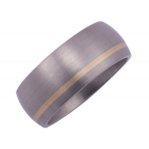 9MM DOMED TITANIUM BAND WITH (1)1MM OFF CENTER 14K YELLOW GOLD INLAY IN A SATIN FINISH