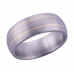 10MM DOMED TITANIUM BAND WITH(2)1MM 14K YELLOW GOLD INLAYS IN A SATIN FINIS...