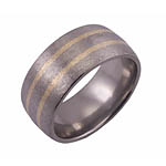 10MM DOMED TITANIUM BAND WITH (2)1MM 14K YELLOW GOLD INLAYS IN A STONE FINI...