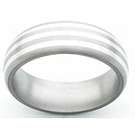 6MM DOMED TITANIUM BAND WITH (3)1MM STERLING SILVER INLAYS IN A SATIN FI...