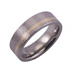 6MM FLAT TITANIUM RING WITH 1MM OF 14KY GOLD PLACED OFF-CENTER IN A STONE FIN...