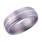 7MM DOMED TITANIUM BAND WITH GROOVED EDGES AND (1)1MM STERLING SILVER INLA...
