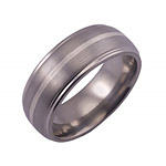 8MM DOMED TITANIUM BAND WITH GROOVED EDGES AND (1)1MM STERLING SILVER INL...