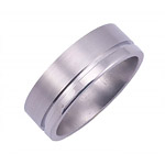 8MM WIDE FLAT TITANIUM BAND WITH A 1MM WIDE OFF-CENTER EMPTY GROOVE. SATIN...