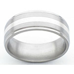 8MM FLAT TITANIUM BAND WITH GROOVED EDGES AND(1)2MM STERLING SILVER INLA...