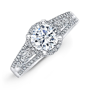 14k White Gold White Diamond Halo Split Shank Engagement Ring