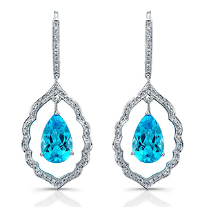 14k White Gold Pear Shaped Blue Topaz Diamond Earrings