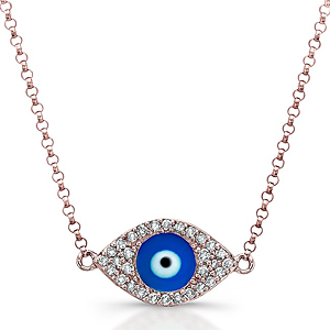 14k Rose Gold Diamond Dark Blue Enamel Evil Eye Chain Necklace