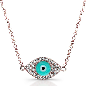 14k Rose Gold Diamond Light Blue Enamel Evil Eye Chain Necklace