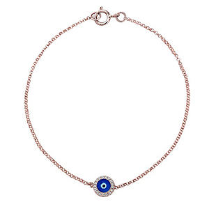 14k Rose Gold Diamond Dark Blue Enamel Evil Eye Chain Bracelet