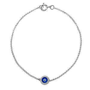 14k White Gold Diamond Dark Blue Enamel Evil Eye Chain Bracelet