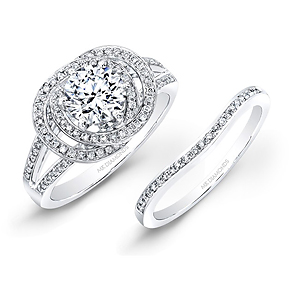 14k White Gold Linked Ring Diamond Halo Engagement Ring Bridal Set
