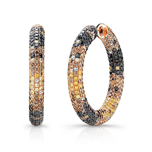 18k Rose Gold with Black Rhodium Pave Black, Brown, and Golden Diamond Hoop Earrings