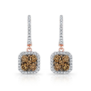 18k Rose Gold Brown and White Diamond Cluster Earrings