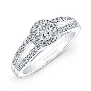 14k White Gold Split Shank White Diamond Halo Engagement Ring